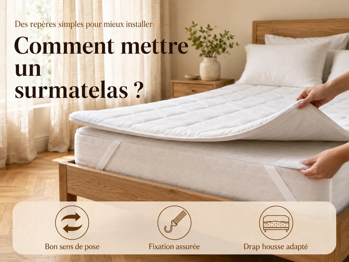 Surmatelas aligné sur un matelas avec ses sangles aux quatre coins