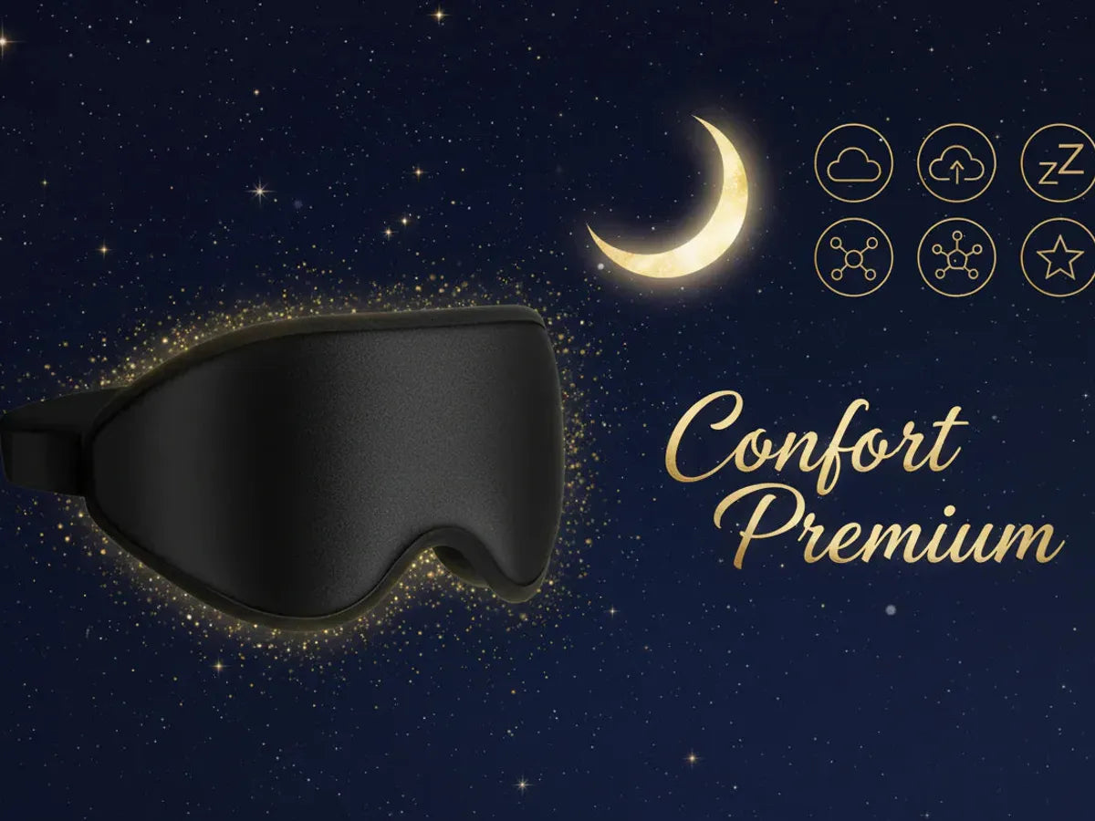 Masque de nuit présenté avec sa sangle réglable et sa pochette