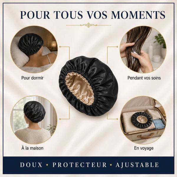 Infographie avant après du bonnet de nuit en satin doublé : cheveux protégés pendant la nuit