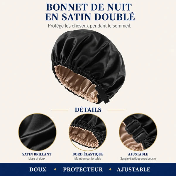 Infographie du bonnet de nuit en satin doublé : face intérieure, face extérieure et double couche