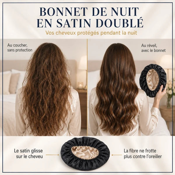 Infographie du bonnet de nuit en satin doublé : pour dormir, pendant vos soins, à la maison, en voyage