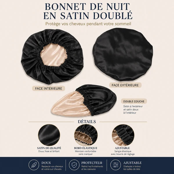 Infographie du bonnet de nuit en satin doublé : satin brillant, bord élastique, sangle ajustable