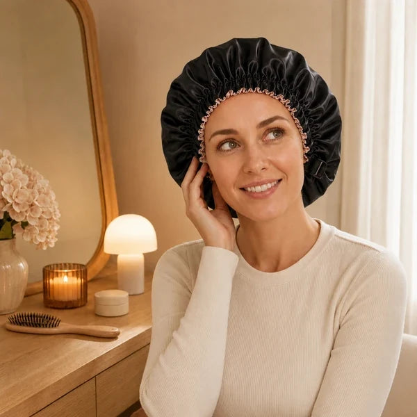 Bonnet de nuit en satin doublé noir porté dans une chambre chaleureuse