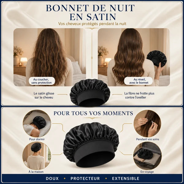 Infographie du bonnet de nuit en satin : avant après et tous vos moments — dormir, soins, maison, voyage