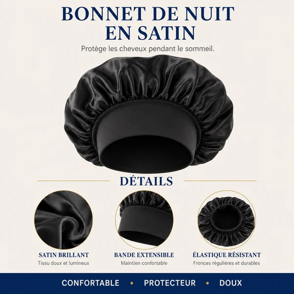 Infographie du bonnet de nuit en satin : satin brillant, bande extensible, élastique résistant