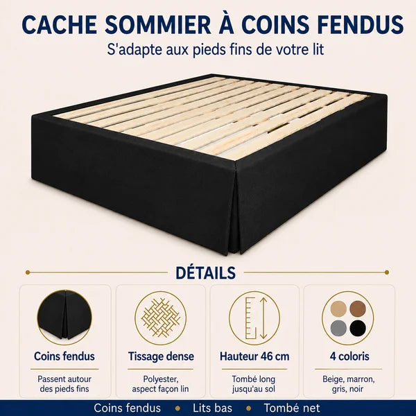 Infographie du cache sommier à coins fendus : coins fendus, tissage dense, hauteur 46 cm, 4 coloris