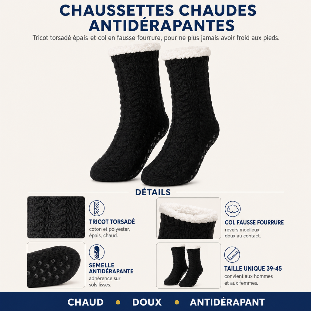 Infographie chaussettes chaudes antidérapantes : tricot torsadé, col fausse fourrure, semelle antidérapante, taille unique 39-45