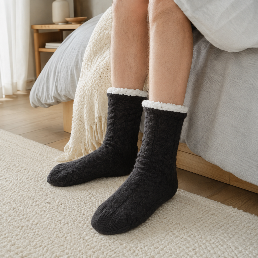Chaussettes chaudes antidérapantes noir portées, ambiance chambre