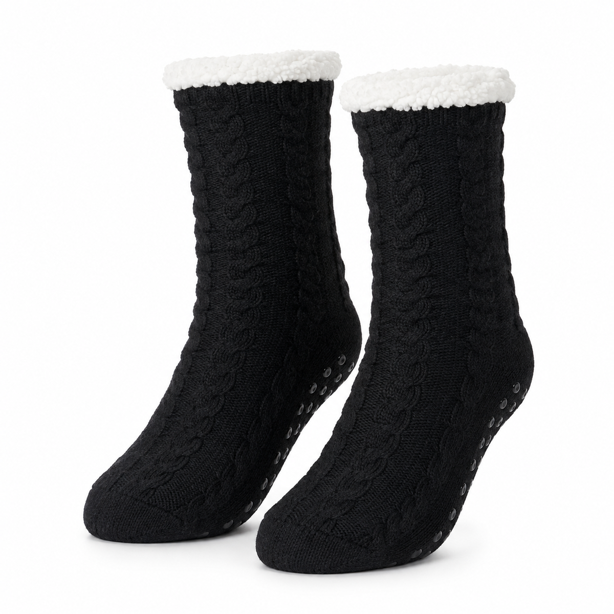 Chaussettes chaudes antidérapantes noir, packshot avec semelle antidérapante visible