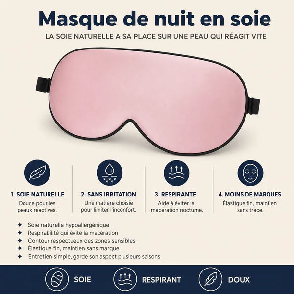 Infographie du masque de nuit en soie : soie naturelle, respirante, maintien sans trace