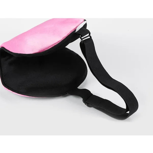 Masque de nuit en soie rose, vue arrière avec sangle élastique réglable