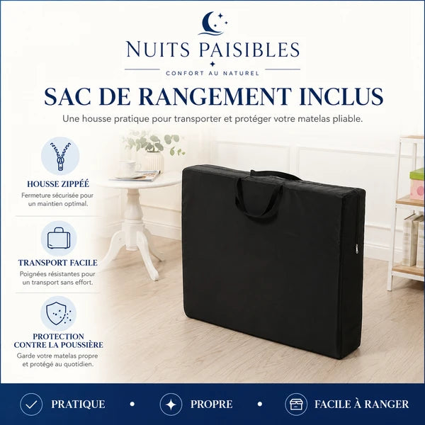 Infographie sac de rangement inclus : housse zippee, transport facile, protection contre la poussiere