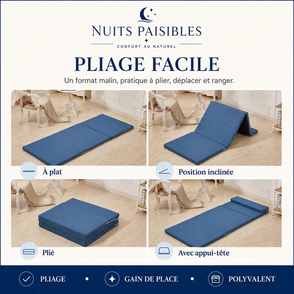 Infographie pliage facile : a plat, position inclinee, plie, avec appui-tete