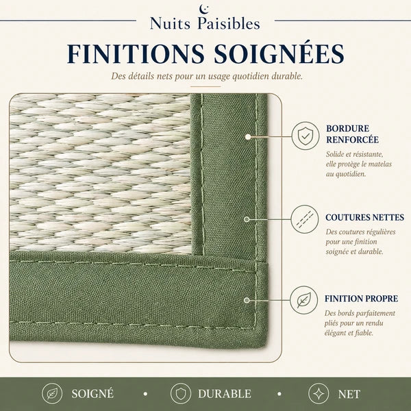 Infographie finitions soignees : bordure renforcee, coutures nettes, finition propre