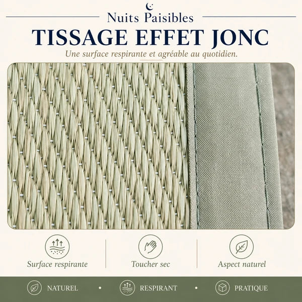 Infographie tissage effet jonc : surface respirante, toucher sec, aspect naturel