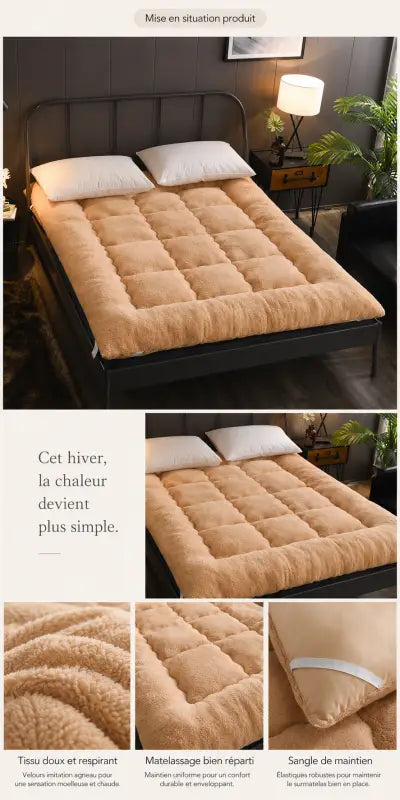 Surmatelas en duvet caramel en situation, chaleur simple pour l'hiver, avec détails macro