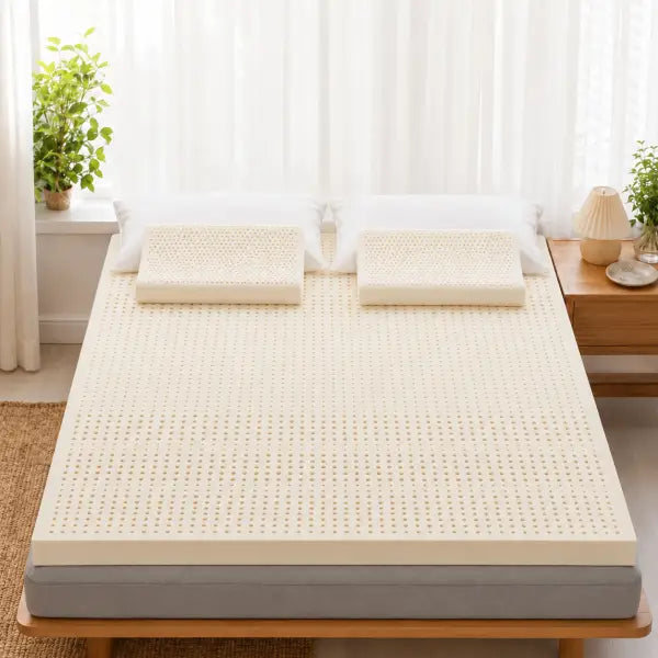 Surmatelas en latex naturel ivoire avec deux oreillers assortis posé sur un lit, dans une chambre lumineuse