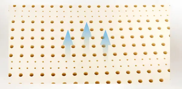 Gros plan sur les alvéoles du latex avec flèches illustrant la circulation de l'air