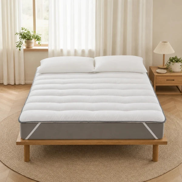 Surmatelas en microfibre blanc posé sur un lit, matelassage en vagues, deux oreillers