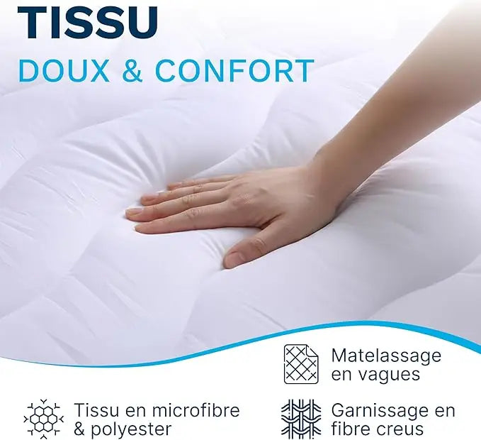 Main posée sur le tissu microfibre doux, matelassage en vagues et garnissage fibre creuse