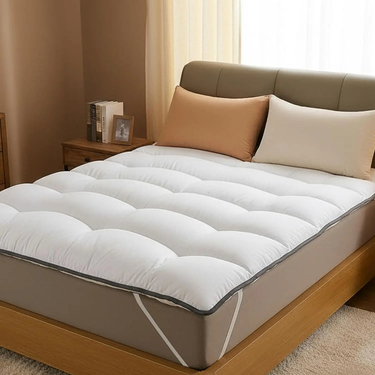 Surmatelas microfibre blanc posé sur un lit dans une chambre aux tons beiges, oreillers orange et écru