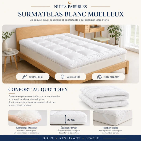 Surmatelas blanc moelleux sur un lit en bois, toucher doux, bon maintien, tissu respirant