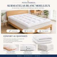 Surmatelas blanc moelleux sur un lit en bois, toucher doux, bon maintien, tissu respirant