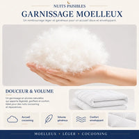 Infographie garnissage moelleux en plumes naturelles : accueil cocooning, volume genereux, confort enveloppant