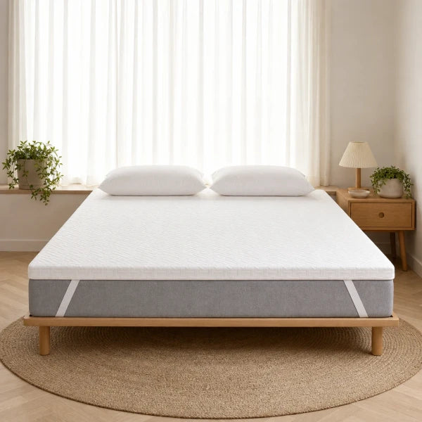 Surmatelas ferme blanc posé sur un lit, bordure grise avec sangles blanches, deux oreillers