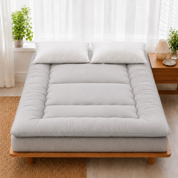 Surmatelas ouate gris pose sur un lit en bois clair, deux oreillers blancs