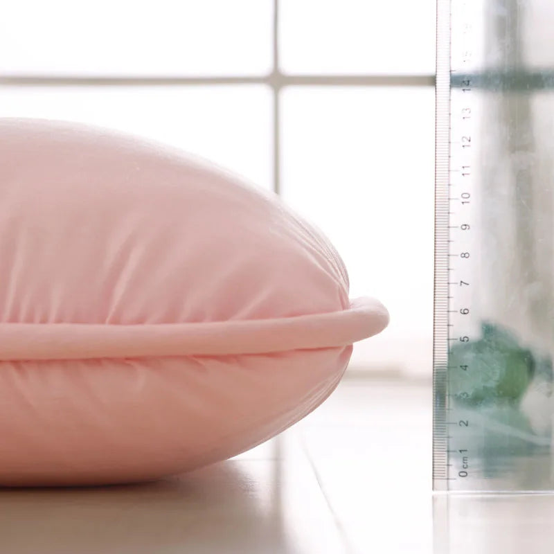 Gros plan sur le bord du surmatelas rose avec regle mesurant l'epaisseur