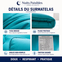 Infographie details du surmatelas : tissu brosse, pliage pratique, angles bien remplis, finition soignee