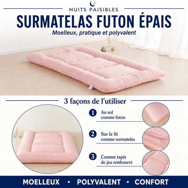 Infographie surmatelas futon epais : trois facons de l'utiliser, au sol, sur le lit, comme tapis de jeu